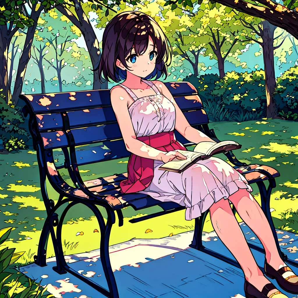 Summer A woman is sitting on a bench Sunlight through the trees Simple Nostalgic Reading a book