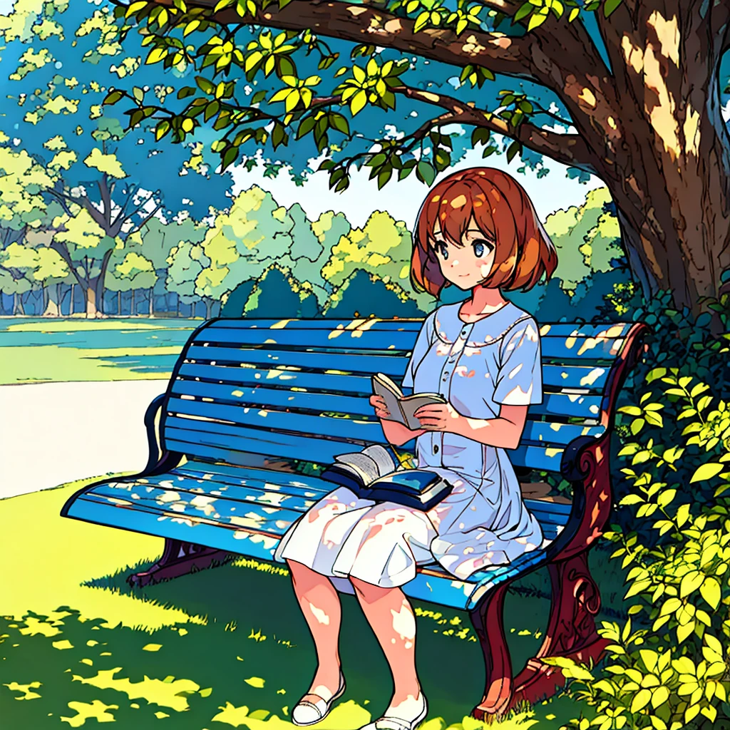 Summer A woman is sitting on a bench Sunlight through the trees Simple Nostalgic Reading a book