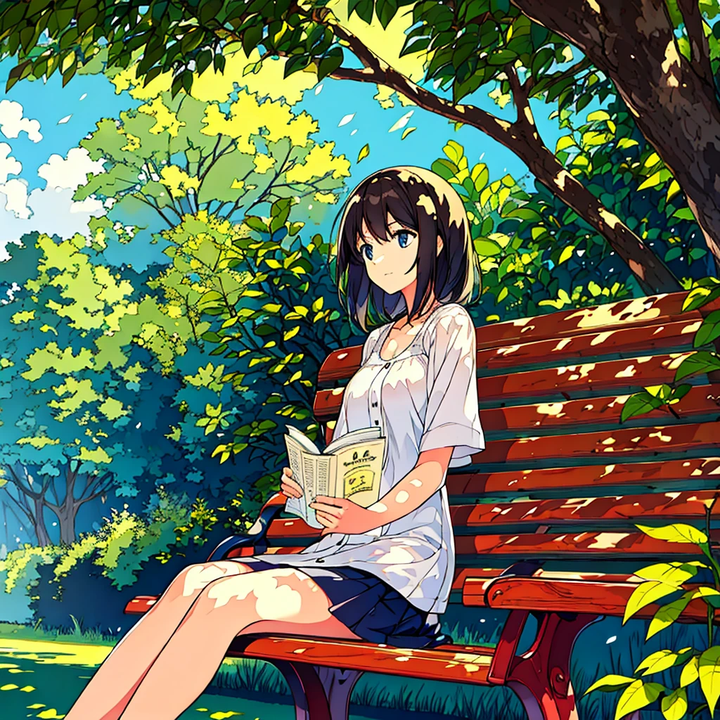 Summer A woman is sitting on a bench Sunlight through the trees Simple Nostalgic Reading a book
