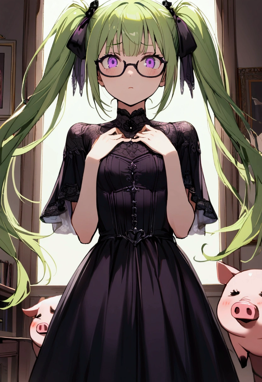 1girl with long ((lime green)) hair, two pig tails, need glasses, slender body, small breasts, Gothic dress, upper POV, purple eyes, living room, fear, standing, hands on chest, upper body focus
