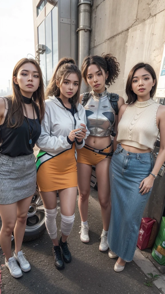 Four women in a futuristic city in the background, High image resolution, 8k