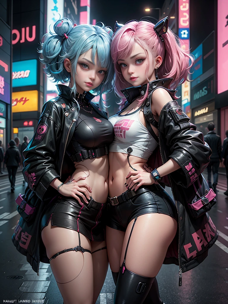 masterpiece, best quality, 2 smiling cyberpunk girls standing together taking selfie portrait, ((((Harajuku-inspired cyberpunk clothing)))), bold colors and patterns, eye-catching accessories, trendy and innovative hairstyle))), ((insane detail)), dazzling Cyberpunk cityscape, skyscrapers, glowing neon signs, (LED lights), anime illustration, detailed skin texture, detailed cloth texture, beautiful detailed face, intricate details, ultra detailed, cinematic lighting, strong contrast.