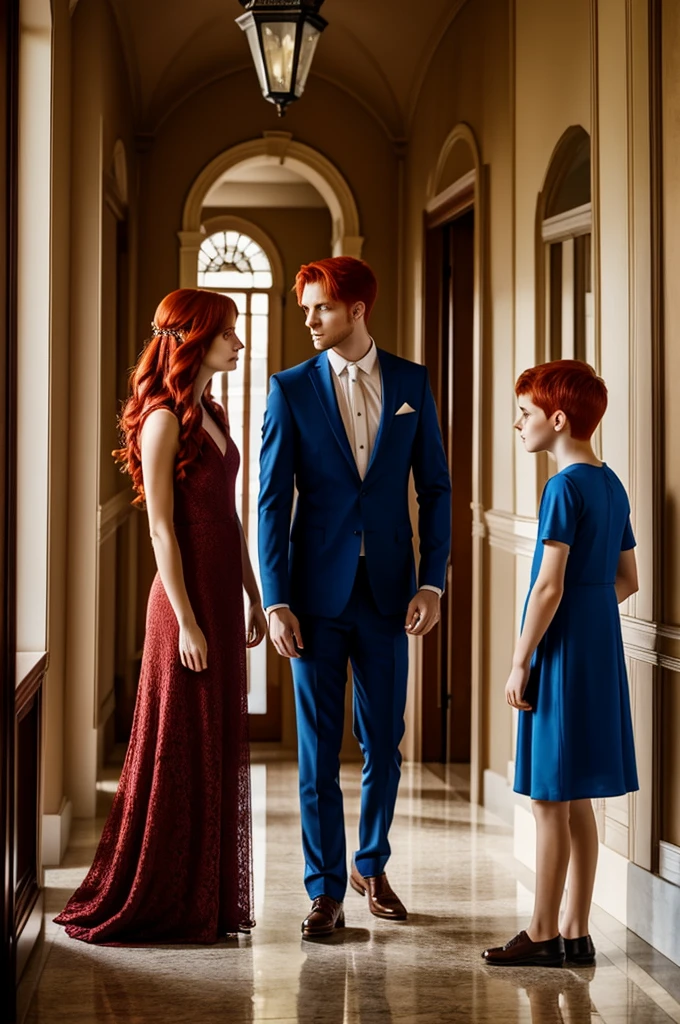 Sister, with red hair and blue eyes, with a dress arguing with brother, showing distaste for the conversation, in an elegant hallway.