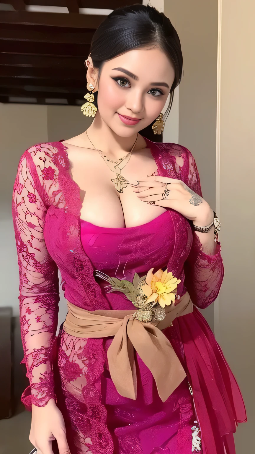 A beauty girl with tattoos on body, beautiful art tattoo detailed, ((text tattoo on body:LOVE)), Wearing kebaya dress, detailed beautiful eyes, *********, cute girl, big breast, earrings, necklace, Javanese ornament