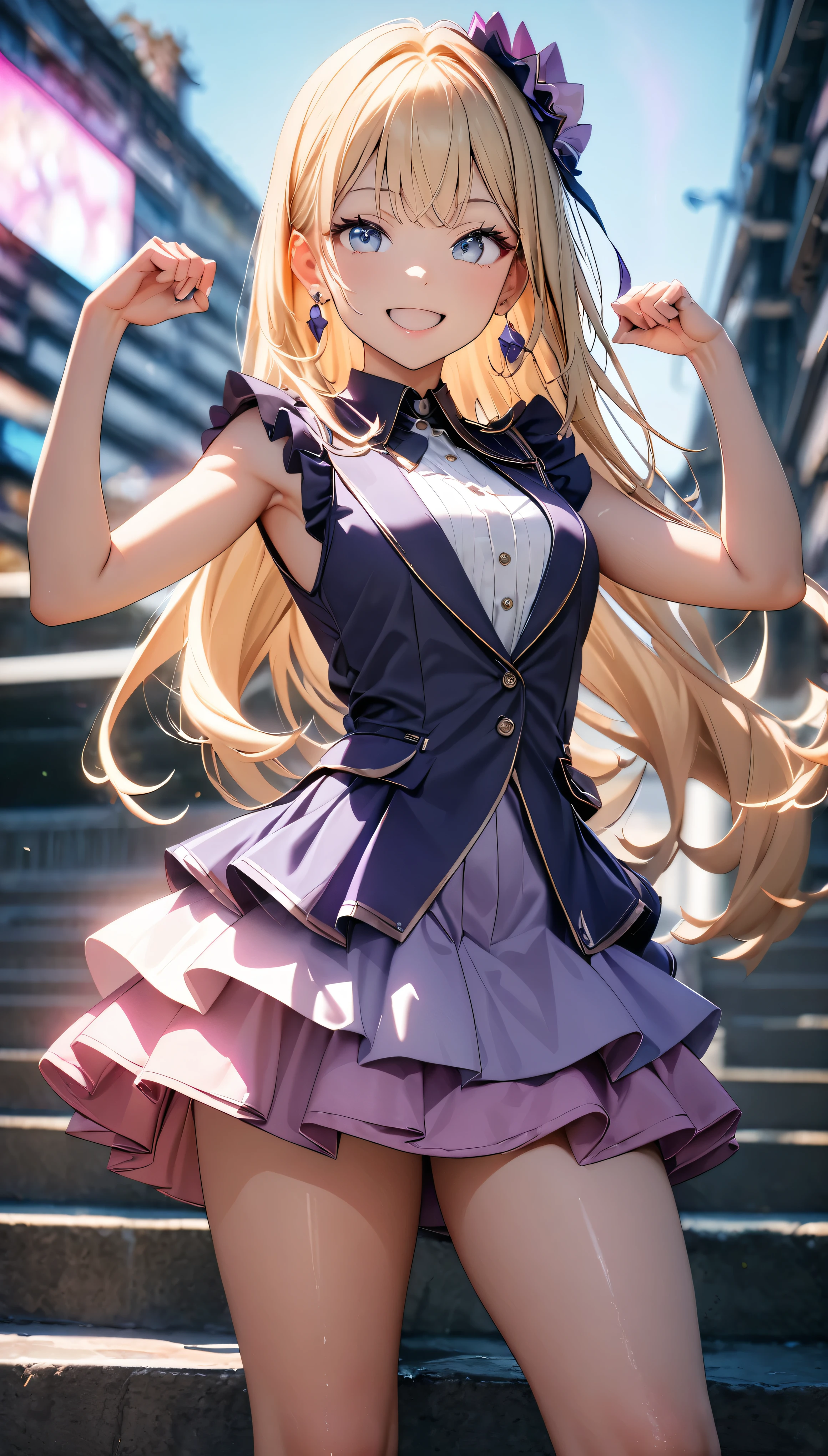 (8k, RAW Photos, 最high quality, masterpiece:1.2), High quality RAW color photos, Professional photo shoot, Cinematic Light, alone, (((1 Girl))), bionde, Long Hair, Straight Hair, blue eyes, jewelry, Earrings, Idol Costumes, Cute frills, pastel colour, Purple costume, Beautiful thighs, flare skirt, (smile:1.5), ((Open your mouth:1.2)), ((Random Action Pose:1.2)), slouch, Beautiful Skin, Shiny skin, Perfect Fingers, Five Fingers, Background Blur, high quality, surreal, Bright colors, ((Very detailed, photo shoot)),