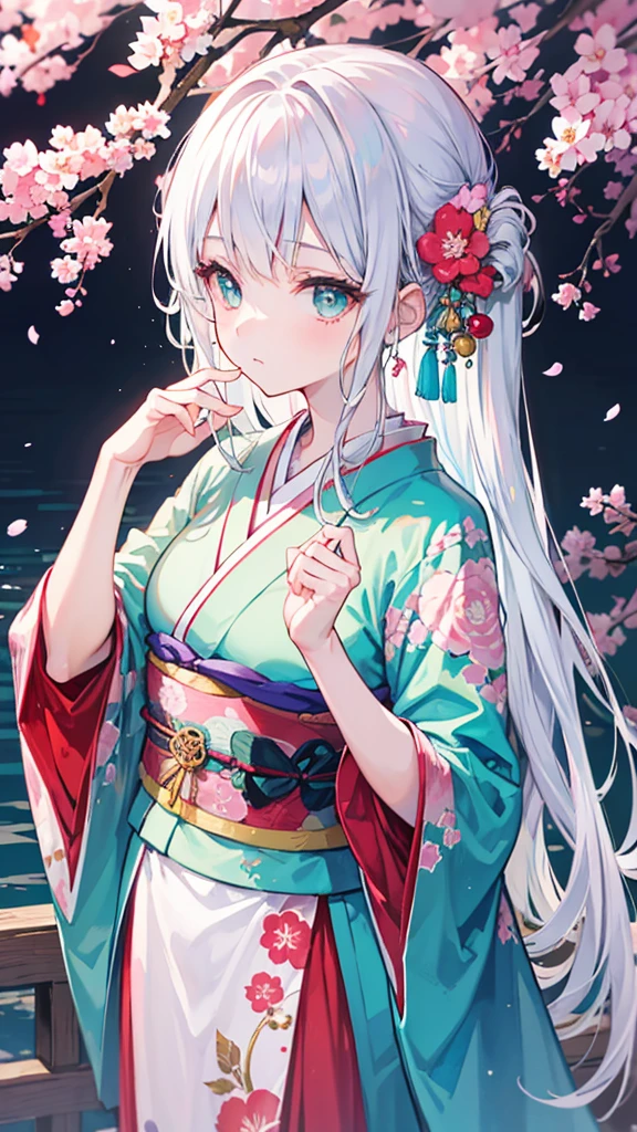 Create an image of a shy girl with silver hair and cyan eyes, looking down with a lack of confidence. Her hair is long and flowing, adorned with delicate silver hairpins. She is wearing a beautiful, intricate kimono with floral patterns, standing in a serene Japanese garden with cherry blossoms in the background. The camera angle is slightly from the side, capturing her delicate profile and the tranquil scenery. The girl is making eye contact with the camera, adding a sense of connection to the viewer. Her fingers should be accurately depicted, with precise details on the shape and positioning. The kimono's obi sash should include detailed depictions of the obidome, ensuring accuracy in its design and ornamentation. Ensure the image is a masterpiece with the best quality, very detailed, and very delicate.