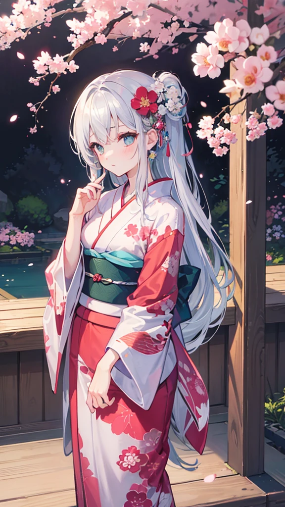 Create an image of a shy girl with silver hair and cyan eyes, looking down with a lack of confidence. Her hair is long and flowing, adorned with delicate silver hairpins. She is wearing a beautiful, intricate kimono with floral patterns, standing in a serene Japanese garden with cherry blossoms in the background. The camera angle is slightly from the side, capturing her delicate profile and the tranquil scenery. The girl is making eye contact with the camera, adding a sense of connection to the viewer. Her fingers should be accurately depicted, with precise details on the shape and positioning. The kimono's obi sash should include detailed depictions of the obidome, ensuring accuracy in its design and ornamentation. Ensure the image is a masterpiece with the best quality, very detailed, and very delicate.