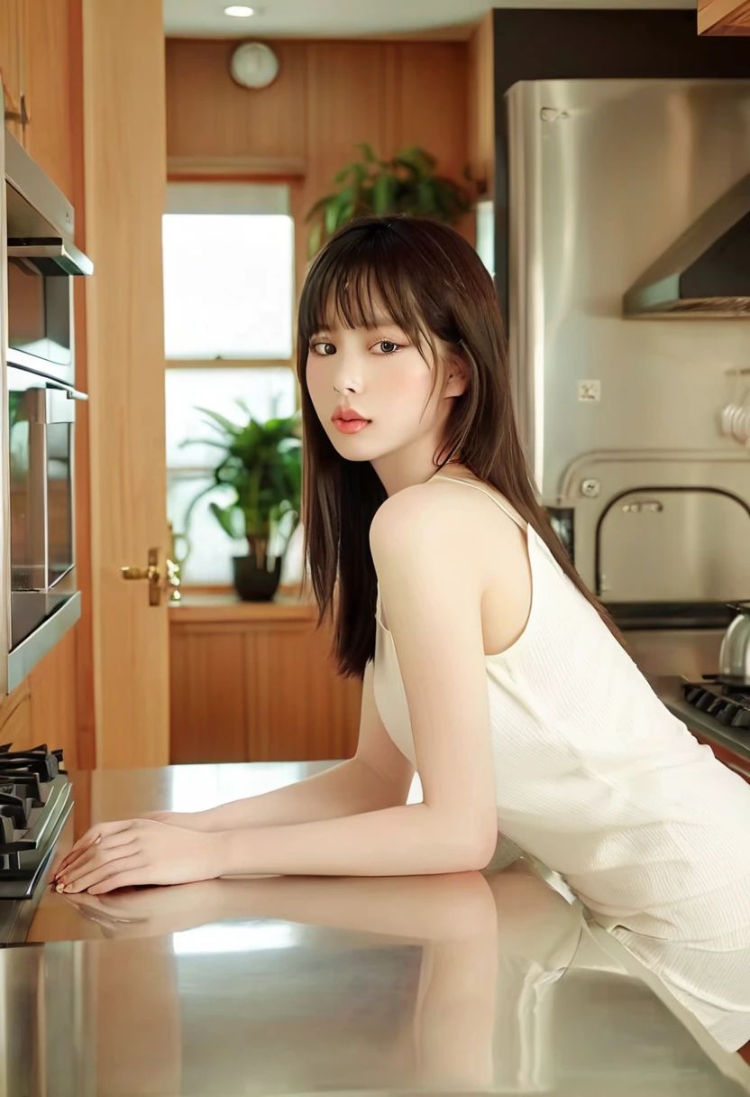 Young woman, Korean, brunette, bangs, pale skin, very long straight hair, cute face, unbelievably beautiful face, big lips, large breasts, large butt, wide hips, loose tank top, panties, cleavage, shy face, nervous look on face, full body, kitchen setting,