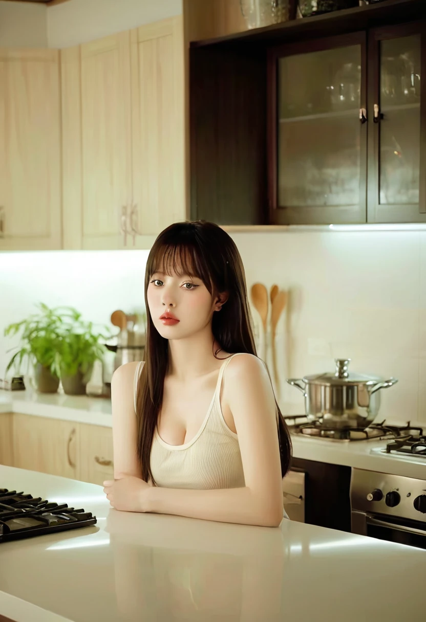 Young woman, Korean, brunette, bangs, pale skin, very long straight hair, cute face, unbelievably beautiful face, big lips, large breasts, large butt, wide hips, loose tank top, panties, cleavage, shy face, nervous look on face, full body, kitchen setting,