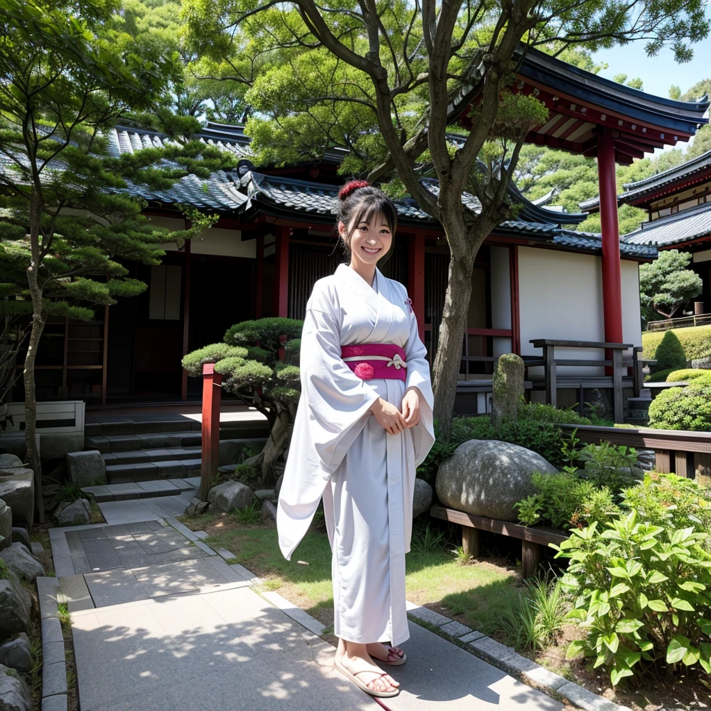 whole body、full body、一人の日本人のbeautiful女性、Age 25、clear、Pitiful、beautiful、White kimono、smile、smile、teeth、background is kyoto、one girl
