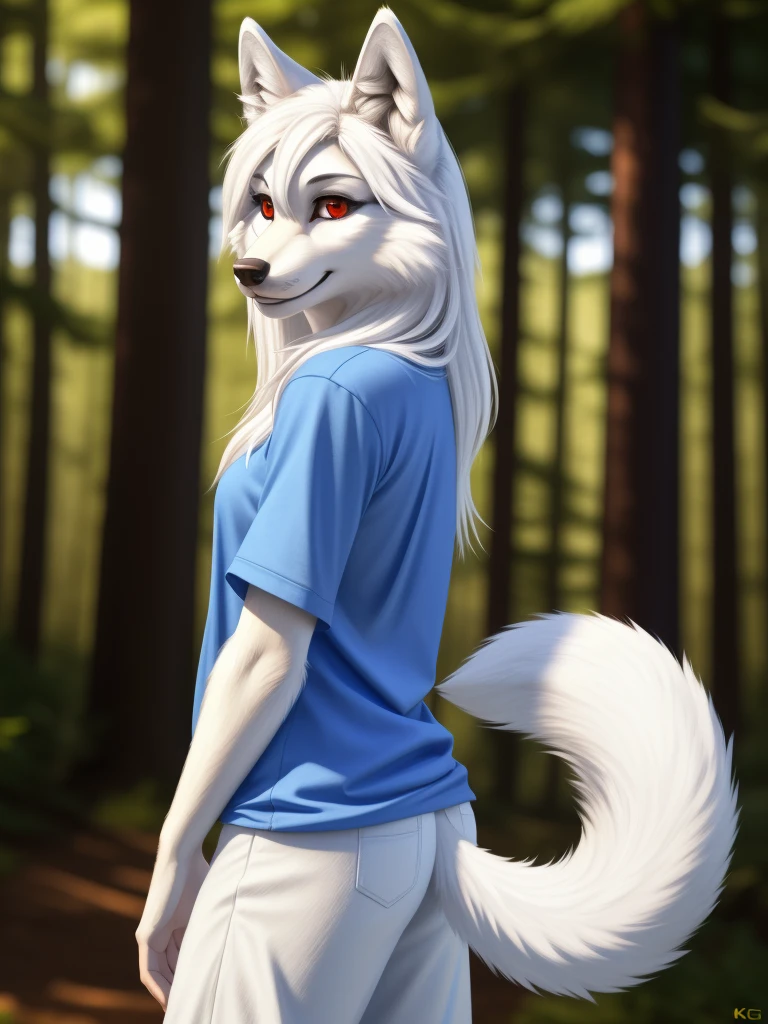 Posing, Female, 30 years old, cute, eyeliner, long hair, biting lip smile, blue shirt, bedroom eyes, anthro, wolf ears, (white fur:1.5), baggy shirt, wolf, forest background, 8k, hi res, (best quality, masterpiece), red eyes, (wolf tail:1.5), in back turned posing 