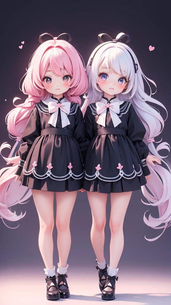 ((petite bishojo, little 2girls)), ((cute  face)), ((cute puffy eyes)), ((masterpiece)), ((best quality)), ((ultra detailed)), ((exquisite)), ((8k)), ((crisp)), ((depth)), ((beautiful and aesthetic)), (super detailed skin), ((high standard)), ((highres)), ((perfect anatomy)), (full body), (blush), (lipstick), (wuv, jk), (bow in hair), (kawaii pose), (perfect fingers), (white, blue, black)