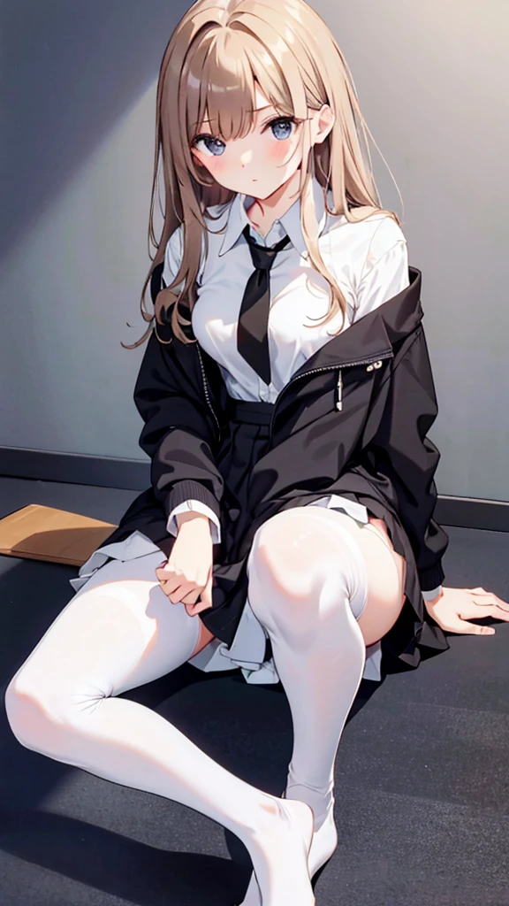 Top quality, masterpiece, High resolution, (Head to toe full body), front, frontやや下からの構図, Symmetric, Tall 18 year old girl, alone, (Head to toe), (Small breasts), bangs, (black tights), (Black Pantyhose), (Sit with your legs apart), (Crouching pose), (A composition showing white panties), (Her legs were spread、I see your white pants.), (I was made to sit on the floor with my legs spread..), (M-shaped legs), Thin legs, A very beautiful and tall 18 year old girl, (No shoes), blush, Shy big eyes, looking at the camera, Blazer Uniform, Checkered Pleated Skirt