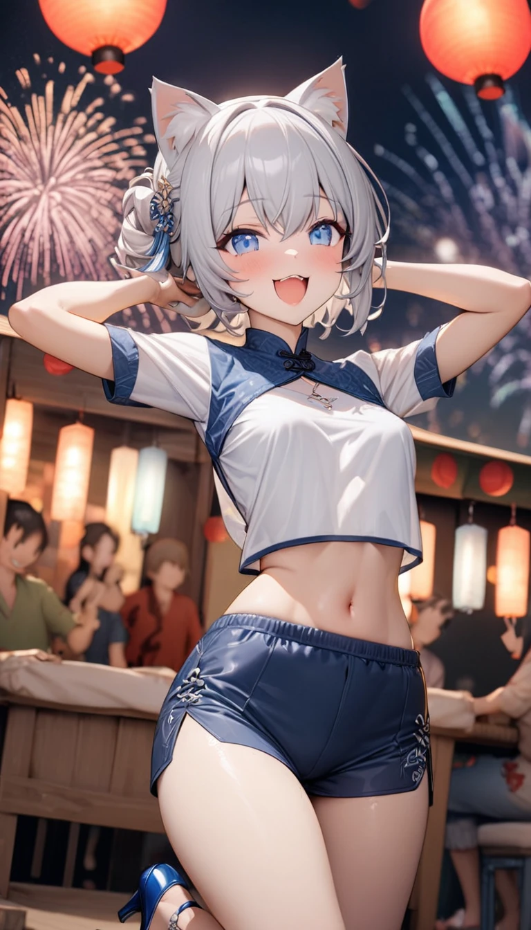 Cat ear:2.0、((masterpiece)),((Highest quality)),(Super detailed),(figure),((Very delicate and beautiful)), 1girl、((smile、Sparkling Blue Eyes、Cat ear:2.0、Silver Bob Hair:2.5))、I can see your toned stomach、Chinese style short sleeve,Don't go up and down、Chinese style shorts、Alluring expression,An inviting body、Hot flashes、Small breasts,Sidetiletto heels、Festivals、firework