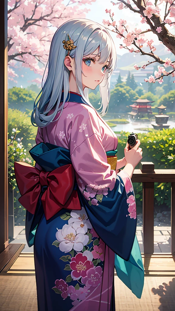 Create an image of a shy girl with silver hair and cyan eyes, looking down with a lack of confidence. Her hair is long and flowing, adorned with delicate silver hairpins. She is wearing a beautiful, intricate kimono with floral patterns, standing in a serene Japanese garden with cherry blossoms in the background. The camera angle is slightly from the side, capturing her delicate profile and the tranquil scenery. The girl is making eye contact with the camera, adding a sense of connection to the viewer. Her fingers should be accurately depicted, with precise details on the shape and positioning. The kimono's obi sash should include detailed depictions of the obidome, ensuring accuracy in its design and ornamentation. Ensure the image is a masterpiece with the best quality, very detailed, and very delicate.