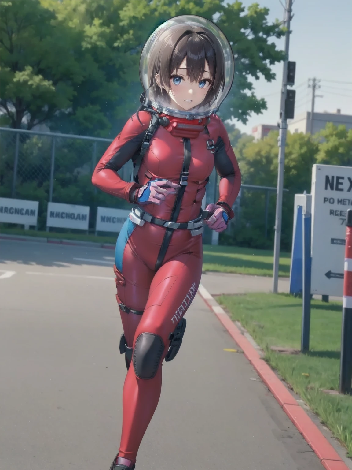 short hair, pink hair, street, emo,pink eyes, eyeliner, fortified suit, ((blue:1.5) plugsuit), short hair, (running fast:1.6),sweaty,clenched teeth,marathon event,looking ar forward,1),,asuka langley soryu, (souryuu asuka langley:1.2), short hair, bangs, blue eyes, brown hair, bodysuit, pilot suit, plugsuit, (red bodysuit:1.5, bubble helmet space helmet, 