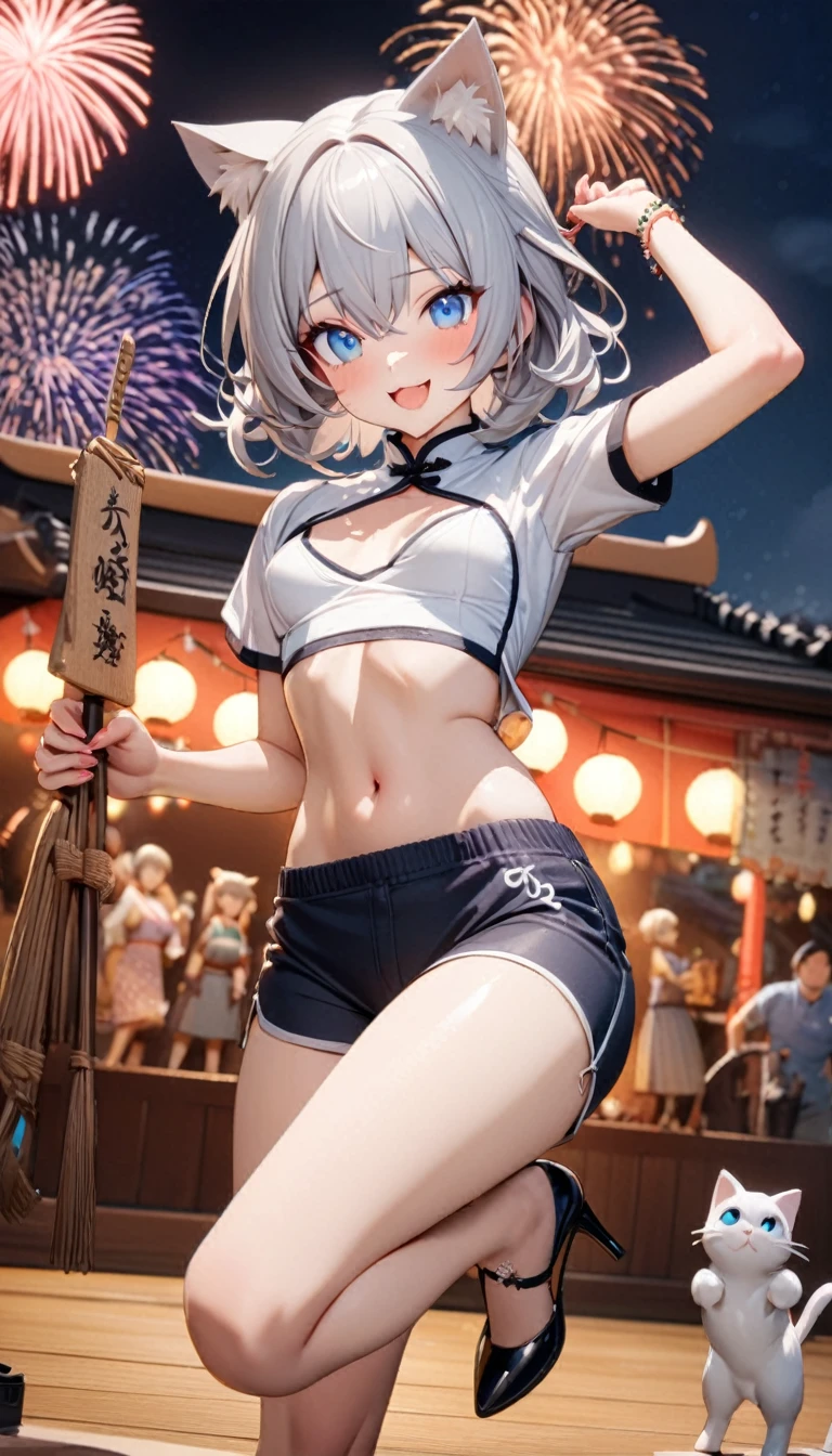 Cat ear:2.0、((masterpiece)),((Highest quality)),(Super detailed),(figure),((Very delicate and beautiful)), 1girl、((smile、Sparkling Blue Eyes、Cat ear:2.0、Silver Bob Hair:2.5))、I can see your toned stomach、Chinese style short sleeve,Don't go up and down、Chinese style shorts、Alluring expression,An inviting body、Hot flashes、Small breasts,Sidetiletto heels、Festivals、firework