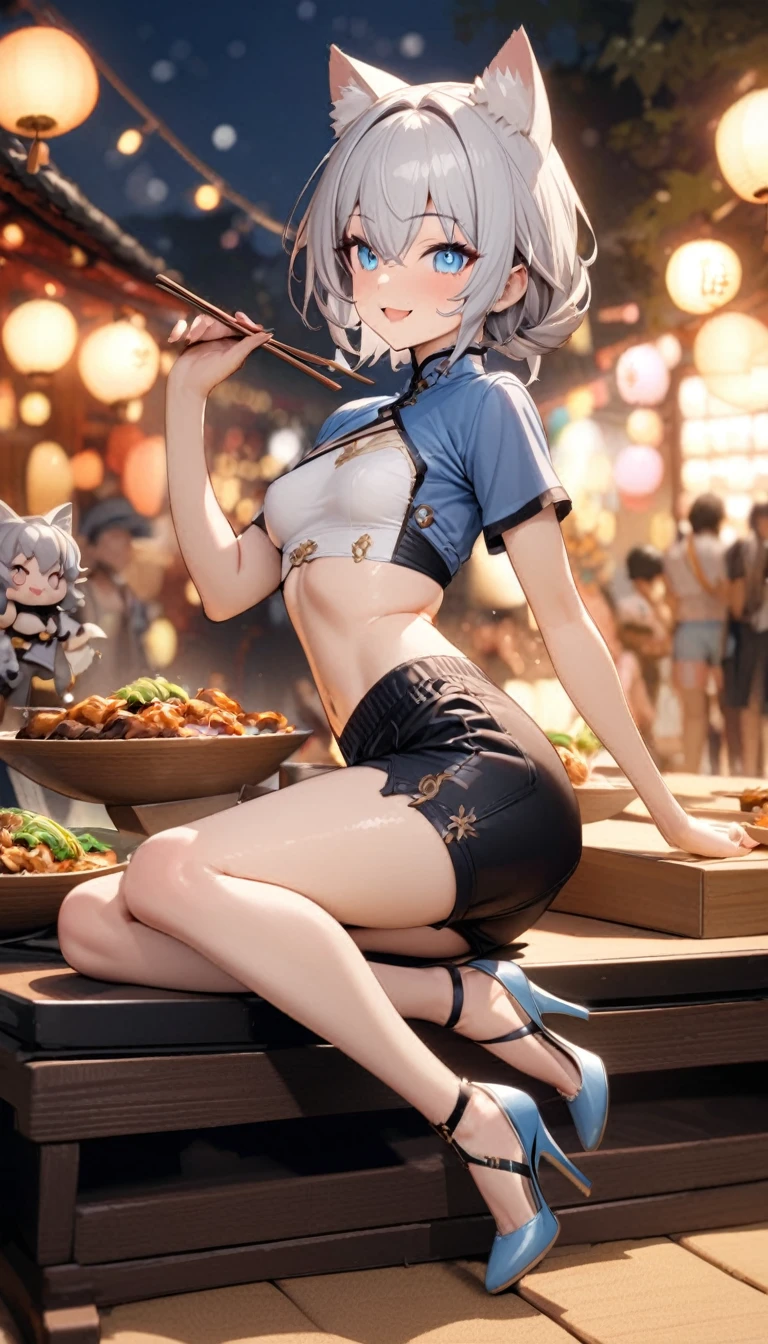 Cat ear:2.0、((masterpiece)),((Highest quality)),(Super detailed),(figure),((Very delicate and beautiful)), 1girl、((smile、Sparkling Blue Eyes、Cat ear:2.0、Silver Bob Hair:2.5))、I can see your toned stomach、Chinese style short sleeve,Don't go up and down、Chinese style shorts、Alluring expression,An inviting body、Hot flashes、Small breasts,Sidetiletto heels、Festivals、firework