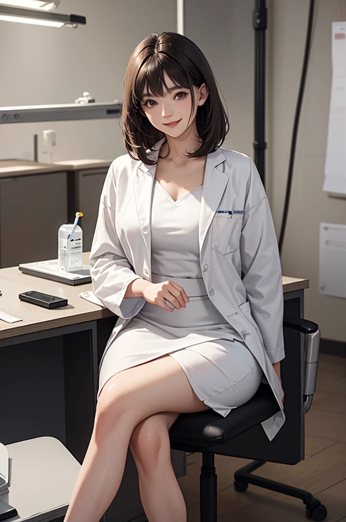 Doctor, 1 woman, solo, sitting (Looking at the audience), (white lab coat), long skirt ,Stylish clothes mature woman /(dark brown hair/) Bangs, smiling kindly (The best quality masterpiece:1.2) , Delicate illustrations, Special details, (hospital examination room) In the building, desk (X-ray image of the lungs:1.2) Detailed background