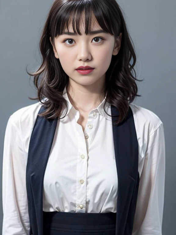 Gray background、pubic hair、Large Breasts、Thighs、Red lipstick、(((Glaring)))、Curly Hair、Disheveled Hair、Cute woman、high school girl、White shirt、Navy frill mile、Open chest shirt