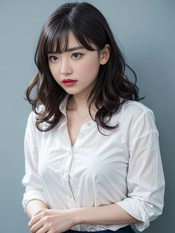 Gray background、pubic hair、Large Breasts、Thighs、Red lipstick、(((Glaring)))、Curly Hair、Disheveled Hair、Cute woman、high school girl、White shirt、Navy frill mile、Open chest shirt