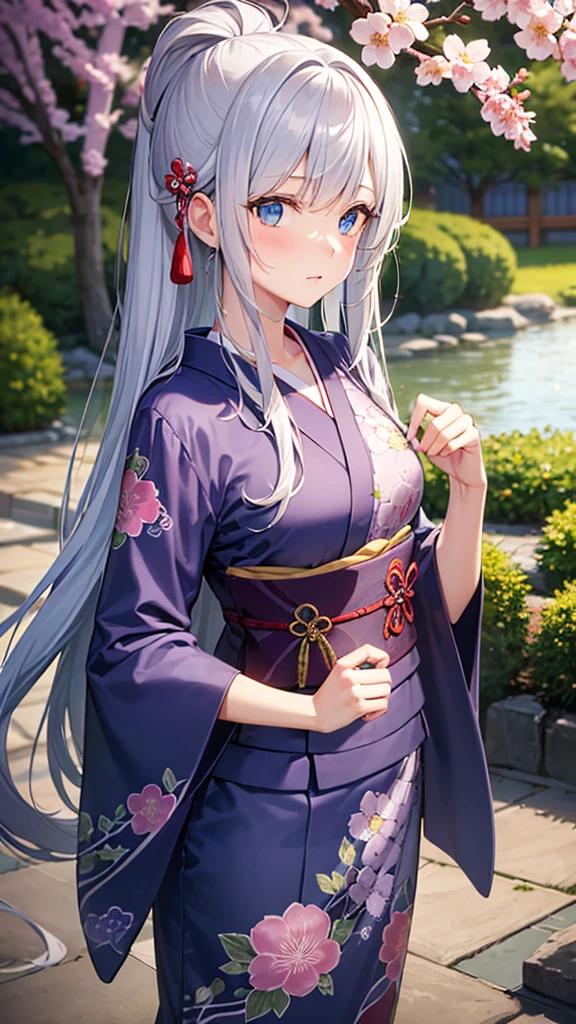 Create an image of a shy girl with silver hair and cyan eyes, looking down with a lack of confidence. Her hair is long and flowing, adorned with delicate silver hairpins. She is wearing a beautiful, intricate kimono with floral patterns, standing in a serene Japanese garden with cherry blossoms in the background. The camera angle is slightly from the side, capturing her delicate profile and the tranquil scenery. The girl is making eye contact with the camera, adding a sense of connection to the viewer. Her fingers should be accurately depicted, with precise details on the shape and positioning. The kimono's obi sash should include detailed depictions of the obidome, ensuring accuracy in its design and ornamentation. Ensure the image is a masterpiece with the best quality, very detailed, and very delicate.