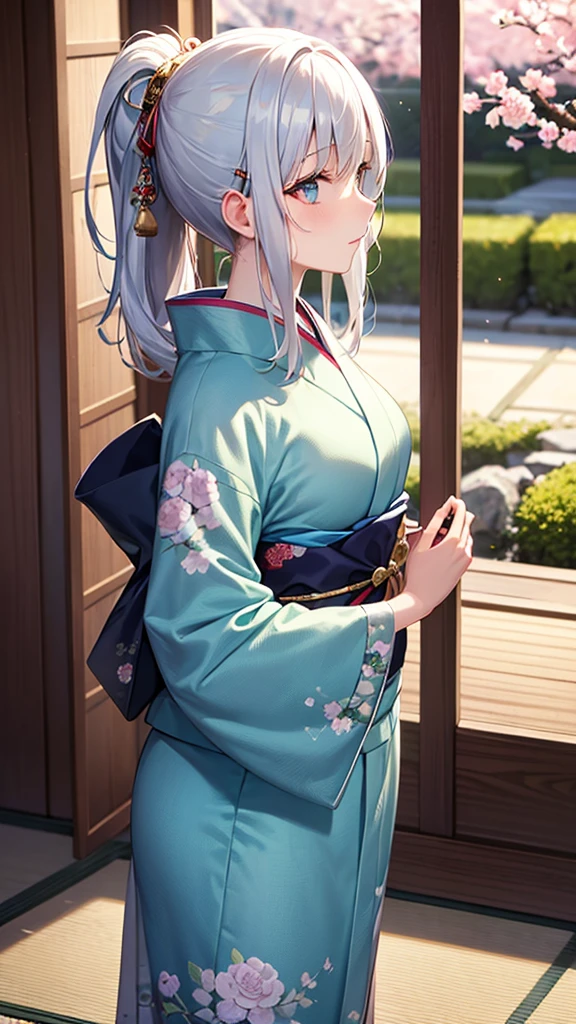 Create an image of a shy girl with silver hair and cyan eyes, looking down with a lack of confidence. Her hair is long and flowing, adorned with delicate silver hairpins. She is wearing a beautiful, intricate kimono with floral patterns, standing in a serene Japanese garden with cherry blossoms in the background. The camera angle is slightly from the side, capturing her delicate profile and the tranquil scenery. The girl is making eye contact with the camera, adding a sense of connection to the viewer. Her fingers should be accurately depicted, with precise details on the shape and positioning. The kimono's obi sash should include detailed depictions of the obidome, ensuring accuracy in its design and ornamentation. Ensure the image is a masterpiece with the best quality, very detailed, and very delicate.