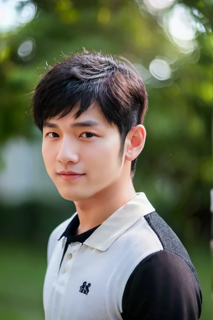 ((Highest quality, 8k, Masterpiece: 1.3))、Thailand Laos Burma Asia, Thai man, A handsome Asian rugby player with short hair, a muscular beard, and big muscles., 1A man who has、20 yo、Good appearance、Beautiful nose、smile、 Detailed eyes and face、beautiful light、(studio)、high resolution、(Look at the viewer.)、Fine mouth、smile、whole body: 1.5, perfect shape: 1.3, looking at camera ,black polo shirt, ((field)), sunlight looking at the field