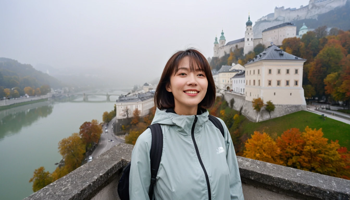 high quality, 1 woman, ((36 years old 건강한 한국 여성)), ((36 years old)), 1 woman, The eyes are big and beautiful. ((slim)), ((short medium hair)), laugh. pose: standing, windbreaker jacket, background:Your residence is a baroque townhouse with a plaster façade and wrought iron railings.... Overlooking the Salzach River and Hohensalzburg Fortress, autumn, Morning fog,, looking slightly upward, 1 woman, Full body shot with Canon 16-34 wide angle lens, View: river view, look up to the side, There is a thick fog in the river.