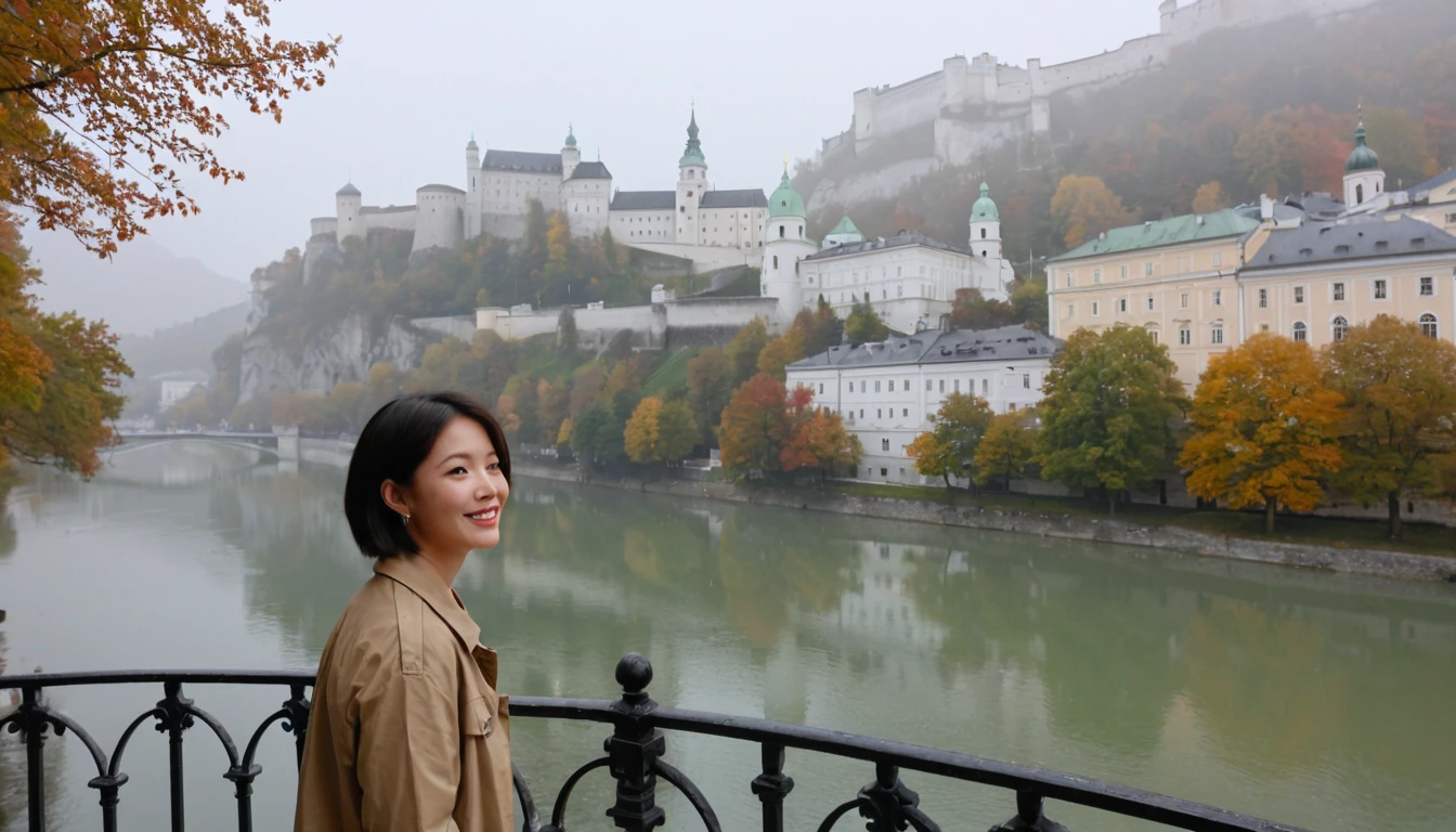 high quality, 1 woman, ((36 years old 건강한 한국 여성)), ((36 years old)), 1 woman, The eyes are big and beautiful. ((slim)), ((short medium hair)), laugh. pose: standing, windbreaker jacket, background:Your residence is a baroque townhouse with a plaster façade and wrought iron railings.... Overlooking the Salzach River and Hohensalzburg Fortress, autumn, Morning fog,, looking slightly upward, 1 woman, Full body shot with Canon 16-34 wide angle lens, View: river view, look up to the side, There is a thick fog in the river.