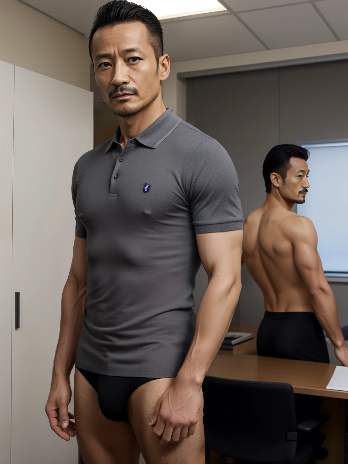 40 years old，Hidetoshi Nakata，（Kogoro Mori 1.3），Two skinny muscular men standing，office，whole body，Black socks，Thick body hair，Gray underwear，Topless，Densely hairy，Fortitude，HD，With a mustache，Polo Shirt