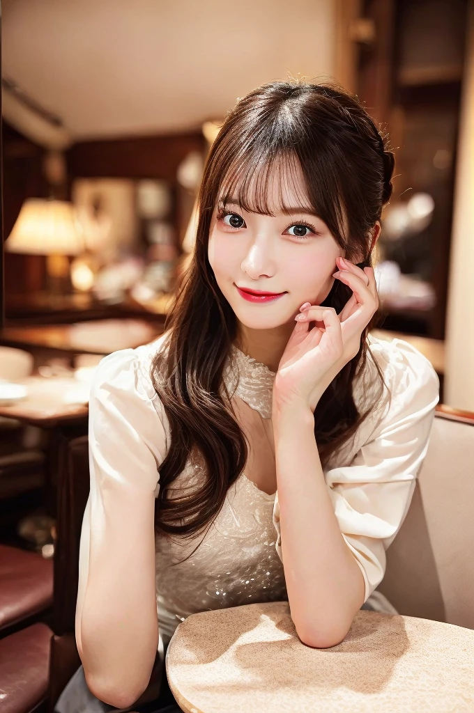 (8K壁紙),(8K),(Highest quality)、(Ultra-high resolution)、(RAW Photos、Cinema Lighting、high resolution、masterpiece),Professional photos,(Realistic, Photorealism),(high resolutionCG統合8K壁紙, Physically Based Rendering),Photorealistic,Beautiful perfectly detailed face,Beautiful perfectly detailed eyes,Beautiful perfectly detailed nose,Beautiful perfectly detailed mouth,Beautifully and perfectly detailed hand,Perfectly detailed fingertips,Beautiful detailed feet,Japanese , 18 year old Japanese girl,Beautiful beautiful thighs, Beautiful detailed hairstyle,Cute Japanese Idols,Perfect Face,Super detailed face,Attention to detail,double eyelid,summer,Angle from the front,A happy smile,Slim figure,(Random color elegant dress),looking at the camera,No makeup,ponytail,Fine dining、French、meal、indoor、Sit across the table、Sit across from the viewer、Delicious looking food、Luxury champagne、A lively interior、A cinematic scene,