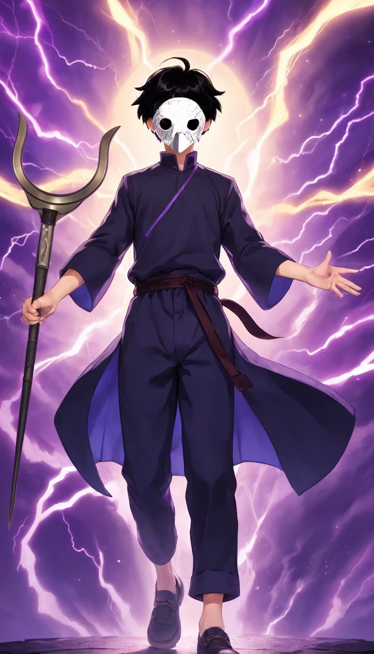 A boy in a loose purple outfit, wearing a white mask and griping a staff. Purple lightning background