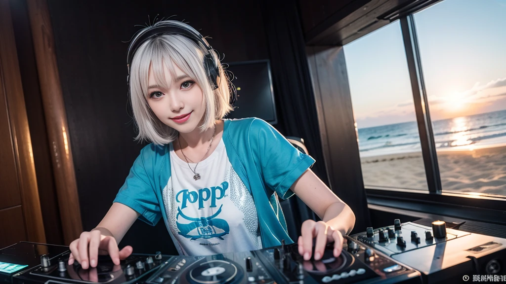 (ultra - detailed, 16K resolution, Cinema lenses, rendering by octane), (high resolution:1.18), intricate detail, (masterpiece:1.1), (highest quality:1.1), (1girl, portrait, white hair, blue eyes, short hair, detailed eyes),Wearing silver DJ headphones, sequined T-shirt, (in the beach:1.5), (Iconic hip-hop pop costumes:1.3), Smile while DJing on stage, DJ studio next to the beach, ((A stylish DJ stage on a hill overlooking the beach)), full body shot, Photorealistic photography by Sunshine, (cute round face:1.3), perfect fingers, five fingers, beautiful hands, perfect hands. master peace, cute smile, Fixhand.