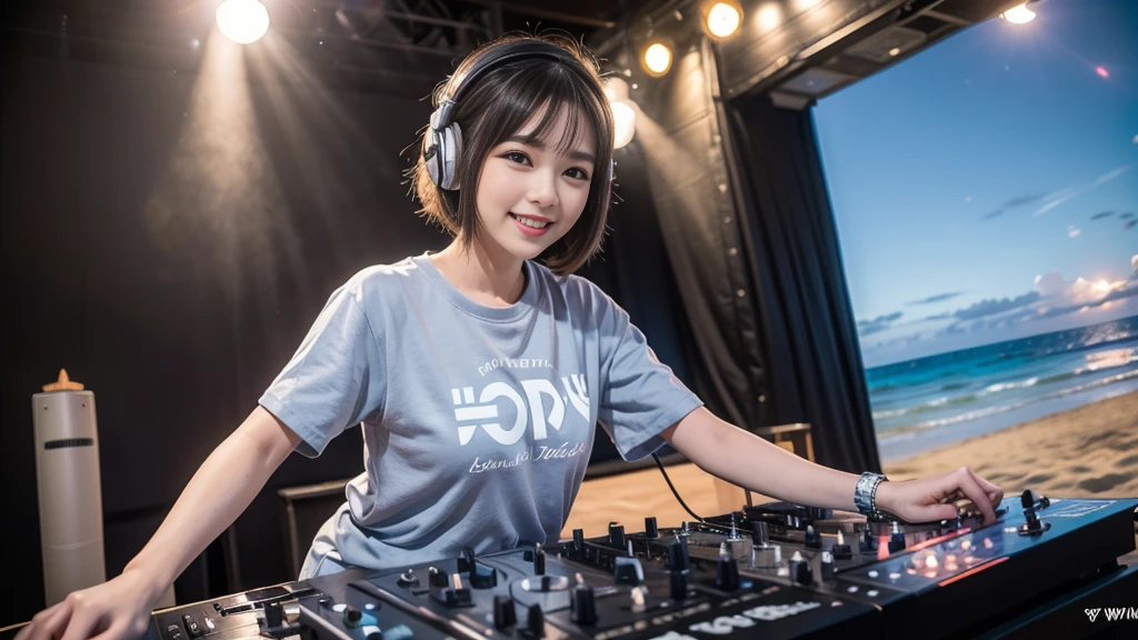 (ultra - detailed, 16K resolution, Cinema lenses, rendering by octane), (high resolution:1.18), intricate detail, (masterpiece:1.1), (highest quality:1.1), (1girl, portrait, white hair, blue eyes, short hair, detailed eyes),Wearing silver DJ headphones, sequined T-shirt, (in the beach:1.5), (Iconic hip-hop pop costumes:1.3), Smile while DJing on stage, DJ studio next to the beach, ((A stylish DJ stage on a hill overlooking the beach)), full body shot, Photorealistic photography by Sunshine, (cute round face:1.3), perfect fingers, five fingers, beautiful hands, perfect hands. master peace, cute smile, Fixhand.
