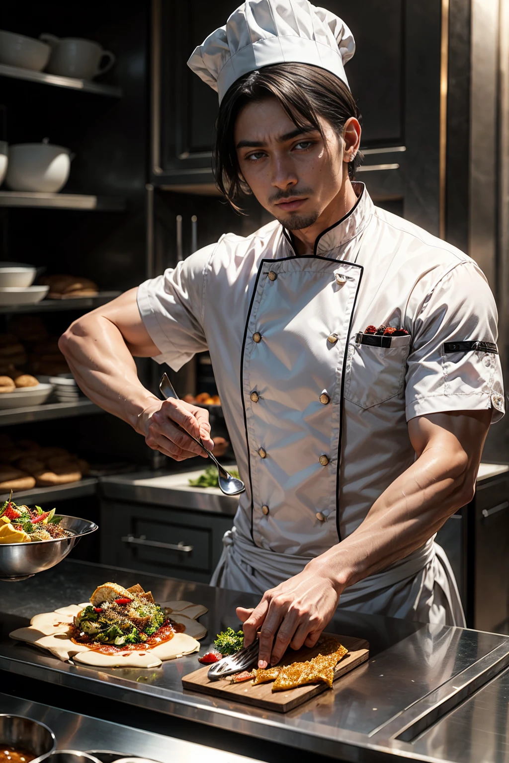 chef-d'ouvrages d'art, best quality, Ultra-detailed, 4K quality, yeux expressifs, visage parfait, anatomie parfaite, corps parfait, Realistic, 1 gfille, mature girl, tout le corps, Les cheveux long et noirs, pale skin, pupilles rouges, cicatrice sur le visage, detailed eyes, yeux parfaits, boucles d'oreilles en argent, Detailed lips, He sits on a black marble throne, High level black military uniform with silver and gold accessories, peaked cap, Empereur masculin, Souverain du royaume, ambiance sombre, legs crossed, Coup de cuisse