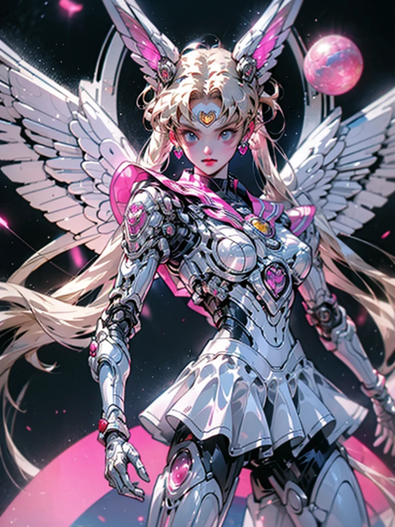 1 mechanical girl: 1.4, Sailor Moon, white mechanical arm, humanoid body, pink sailor suit, good-looking face, sailor Moon, moon hare, rabbit ears, mechanical ears, white blouse, blonde hair, mechanical arm, pink skirt, side, heart-shaped robot in the background, sci-fi background, complex background, hair glowing hair, forehead hair light, moon, panorama, mechanical wings, large wings in the background