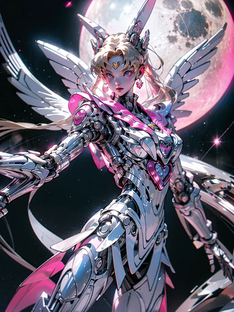 1 mechanical girl: 1.4, Sailor Moon, white mechanical arm, humanoid body, pink sailor suit, good-looking face, sailor Moon, moon hare, rabbit ears, mechanical ears, white blouse, blonde hair, mechanical arm, pink skirt, side, heart-shaped robot in the background, sci-fi background, complex background, hair glowing hair, forehead hair light, moon, panorama, mechanical wings, large wings in the background