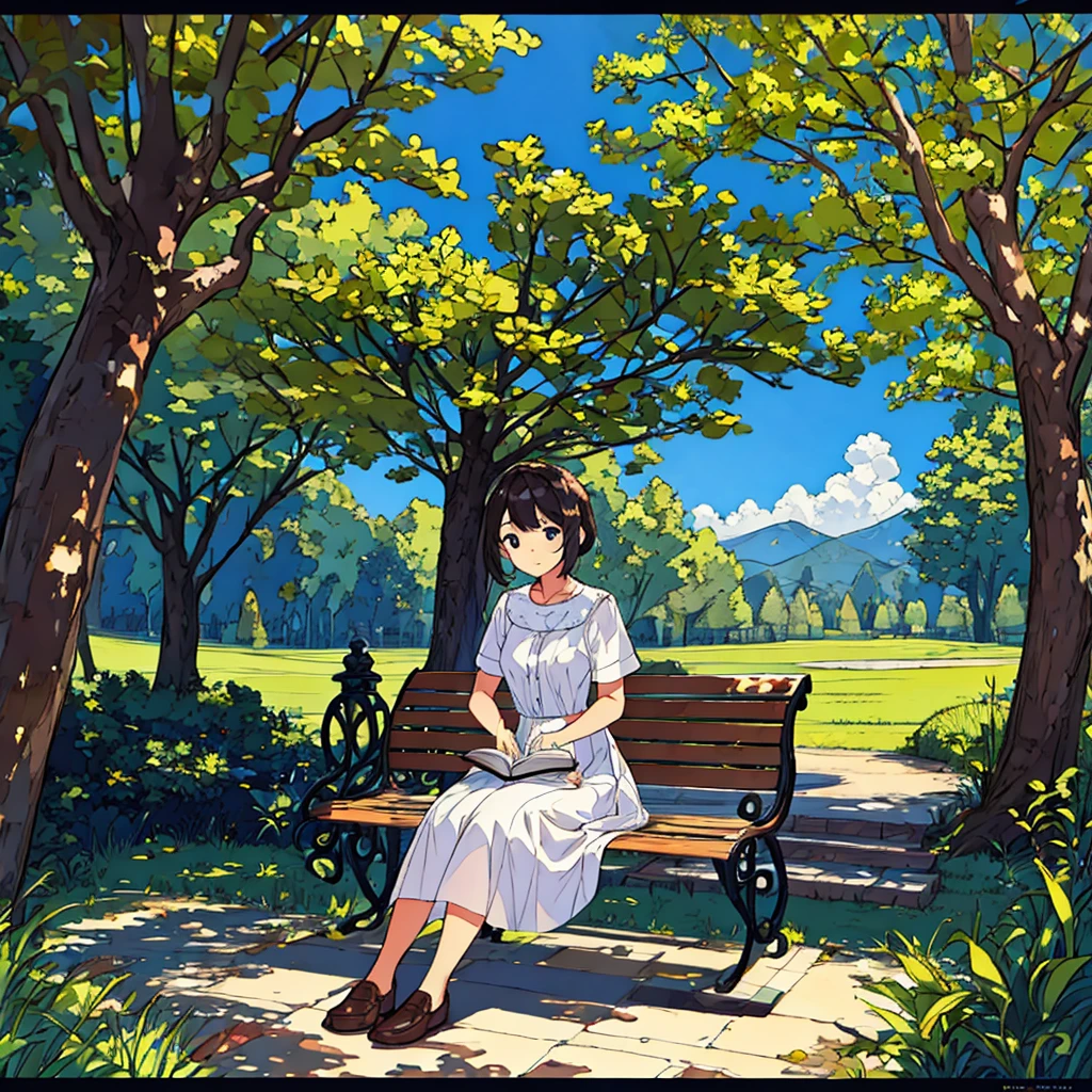 Summer A woman is sitting on a bench Sunlight through the trees Simple Nostalgic Reading a book