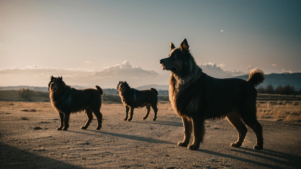 photorealistic representation, in the foreground a standing leonberger dog, full body, background shepherd head, in the shepherd head you can see the standing leonberg dog, realistic, double exposure art