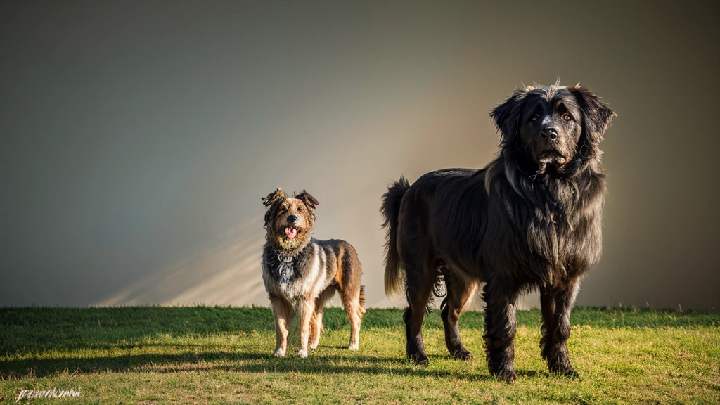 photorealistic representation, in the foreground a standing leonberger dog, full body, background shepherd head, in the shepherd head you can see the standing leonberg dog, realistic, double exposure art