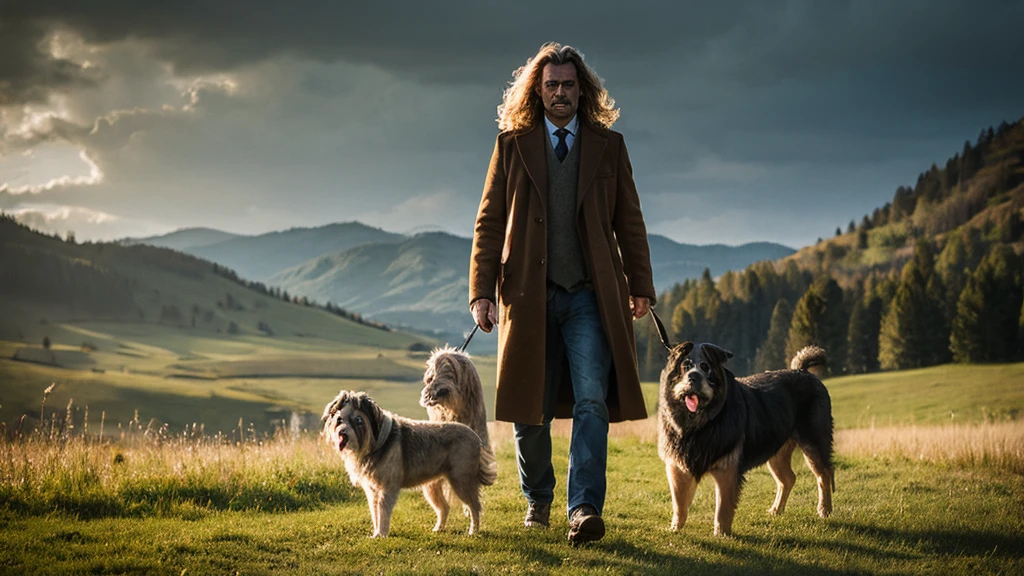 photorealistic representation, in the foreground a standing leonberger dog, full body, background shepherd head, in the shepherd head you can see the standing leonberg dog, realistic, double exposure art