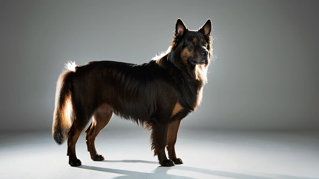 photorealistic representation, in the foreground a standing leonberger dog, full body, background shepherd head, in the shepherd head you can see the standing leonberg dog, realistic, double exposure art