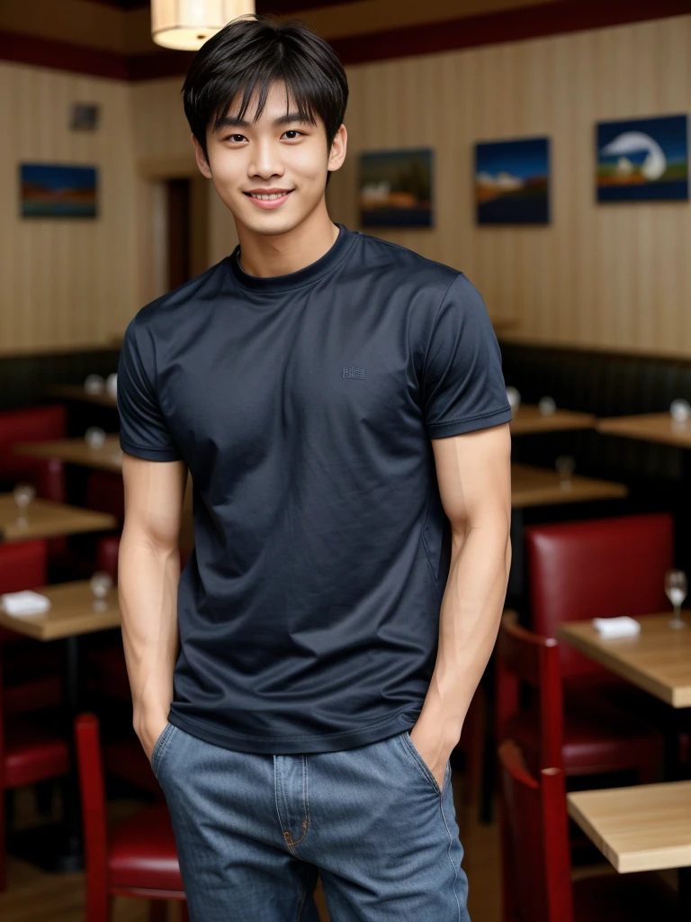 独奏: 1.5, (As a matter of fact, Masterpiece, 8k HD, good light quality, sportswear, fit the face, complicated details), A handsome Korean young man with muscular arms. , 20 years old, be happy, smile brightly, detailed face, delicate eyes, look at the sky, Wear a navy tight T-shirt.:1.6 ,Wear a denim coat., jeans period, black eyes, Black hair color, ผมsmooth, smooth，Surreal，Awesome details，Highest quality，real，Open your mouth to talk. , Close your eyes., (Standing in a restaurant:1.5)