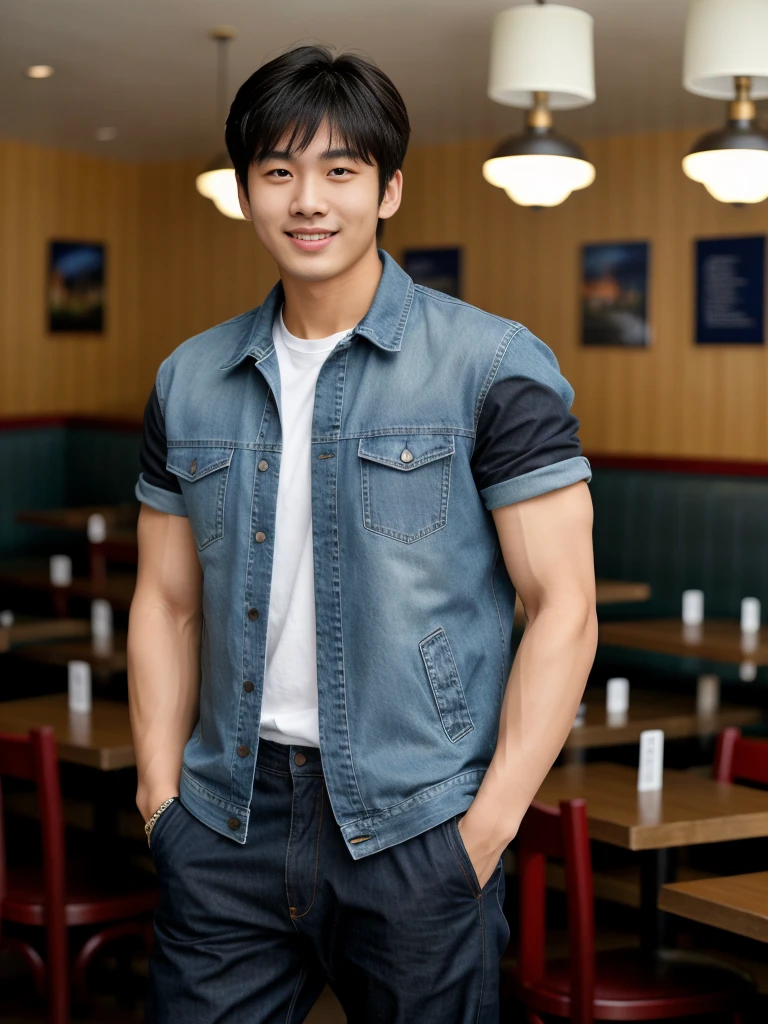 独奏: 1.5, (As a matter of fact, Masterpiece, 8k HD, good light quality, sportswear, fit the face, complicated details), A handsome Korean young man with muscular arms. , 20 years old, be happy, smile brightly, detailed face, delicate eyes, look at the sky, Wear a navy tight T-shirt.:1.6 ,Wear a denim coat., jeans period, black eyes, Black hair color, ผมsmooth, smooth，Surreal，Awesome details，Highest quality，real，Open your mouth to talk. , Close your eyes., (Standing in a restaurant:1.5)