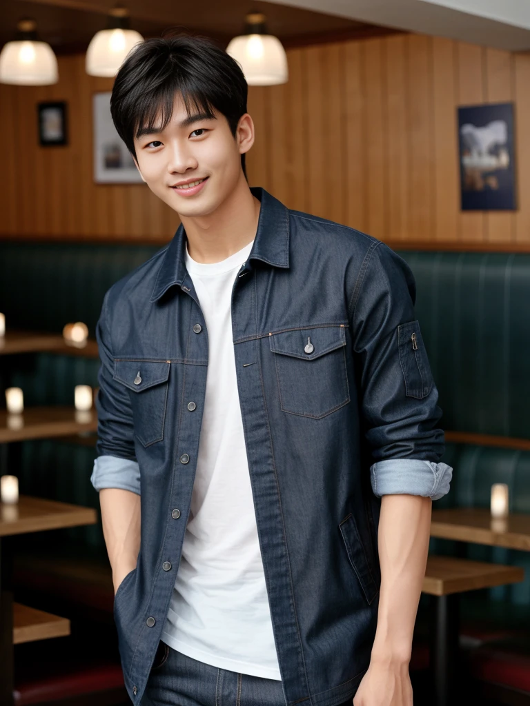 独奏: 1.5, (As a matter of fact, Masterpiece, 8k HD, good light quality, sportswear, fit the face, complicated details), A handsome Korean young man with muscular arms. , 20 years old, be happy, smile brightly, detailed face, delicate eyes, look at the sky, Wear a navy tight T-shirt.:1.6 ,Wear a denim coat., jeans period, black eyes, Black hair color, ผมsmooth, smooth，Surreal，Awesome details，Highest quality，real，Open your mouth to talk. , Close your eyes., (Standing in a restaurant:1.5)