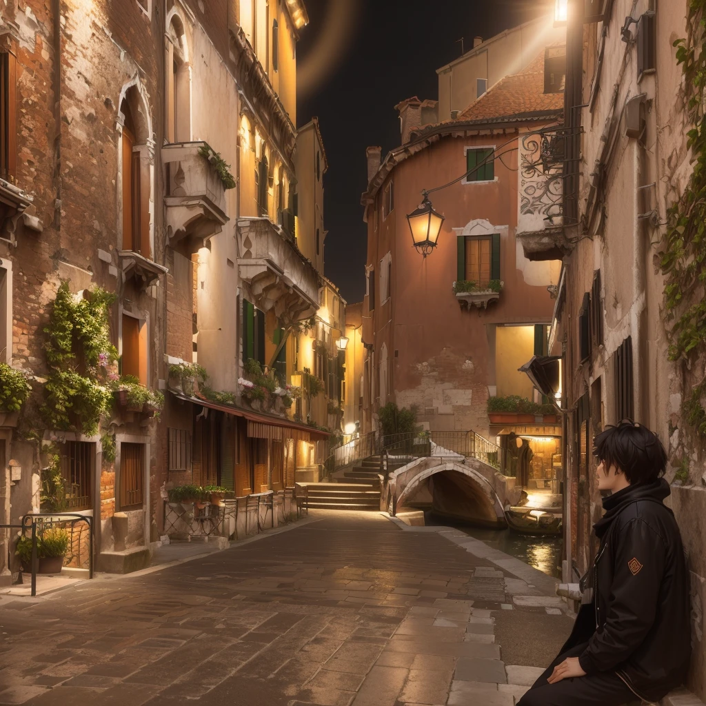 Anime Style, Man sitting on a wall in a narrow street, Venice, Explore the city, In the middle of the city, Venice biennale, In a city with a rich history, Italy, On the city streets, alleyに立っている, alley, on the road, Narrow, winding and cozy streets, Bella, Standing in the city centre