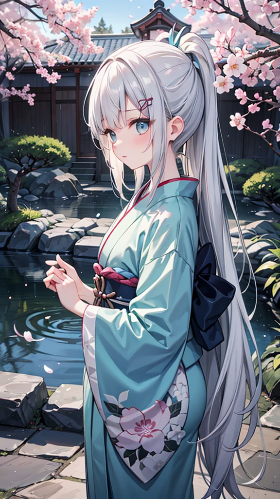 Create an image of a shy girl with silver hair and cyan eyes, looking down with a lack of confidence. Her hair is long and flowing, adorned with delicate silver hairpins. She is wearing a beautiful, intricate kimono with floral patterns, standing in a serene Japanese garden with cherry blossoms in the background. The camera angle is slightly from the side, capturing her delicate profile and the tranquil scenery. The girl is making eye contact with the camera, adding a sense of connection to the viewer. Her fingers should be accurately depicted, with precise details on the shape and positioning. The kimono's obi sash should include detailed depictions of the obidome, ensuring accuracy in its design and ornamentation. Ensure the image is a masterpiece with the best quality, very detailed, and very delicate.