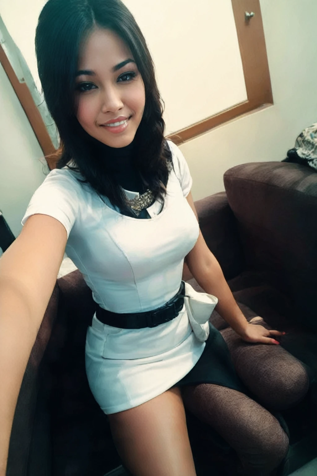 Araffe woman in a white dress sitting on a sofa, cute seductive smile, seductive smile, Fitted garment, selfie shot straight on angle, beautiful angle, my caliph, with a seductive smile, tight suit, friendly seductive smile, hot , beautiful latin face, very sexy outfit, crazy seductive smile, tight dress, whole body! pretty face, lovely smile