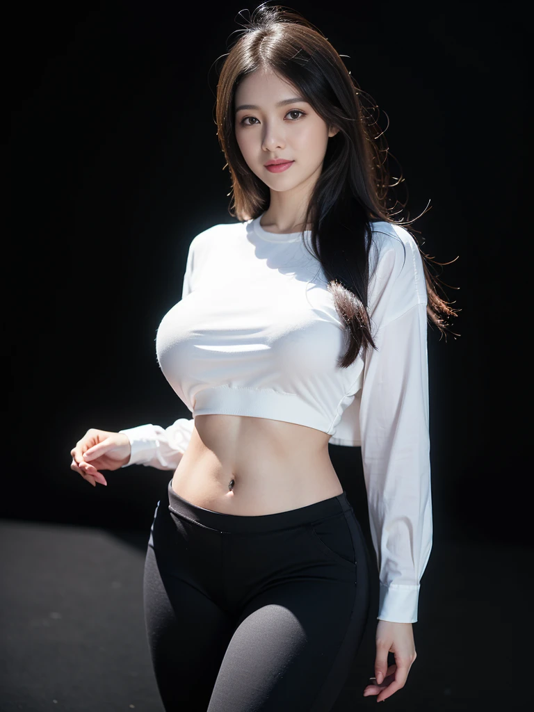 (highest image quality:1.35), high quality, Realistic photo, (A beautiful woman:1.33), beautiful expression, (delicate eyes:1.3), (delicate face:1.3 ), Smile, (slick hair:1.2), Super detailed , high resolution, athletic figure, (big breasts:1.25), (long hair:1.2), (beautiful woman), ( Cute navel:1.2), (Depth of field f/1.8:1.45 ), sharp focus, original photo , (Thin white shirt:1.45), (Thin black pants:1.4), (Thin tight bloack pants: 1.4 ), (Thick thighs:1.5), (Forward:1.25), (cowboy photo: 1.4), (Sports, black background :1.4 ), (black background:1.5 ),